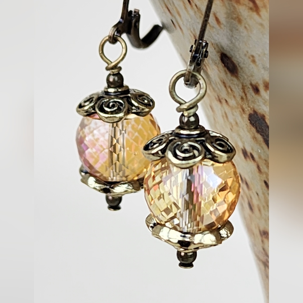 Copper and Pink Toned Glass Bead Earrings‎ with Brass Accents, Handcrafted